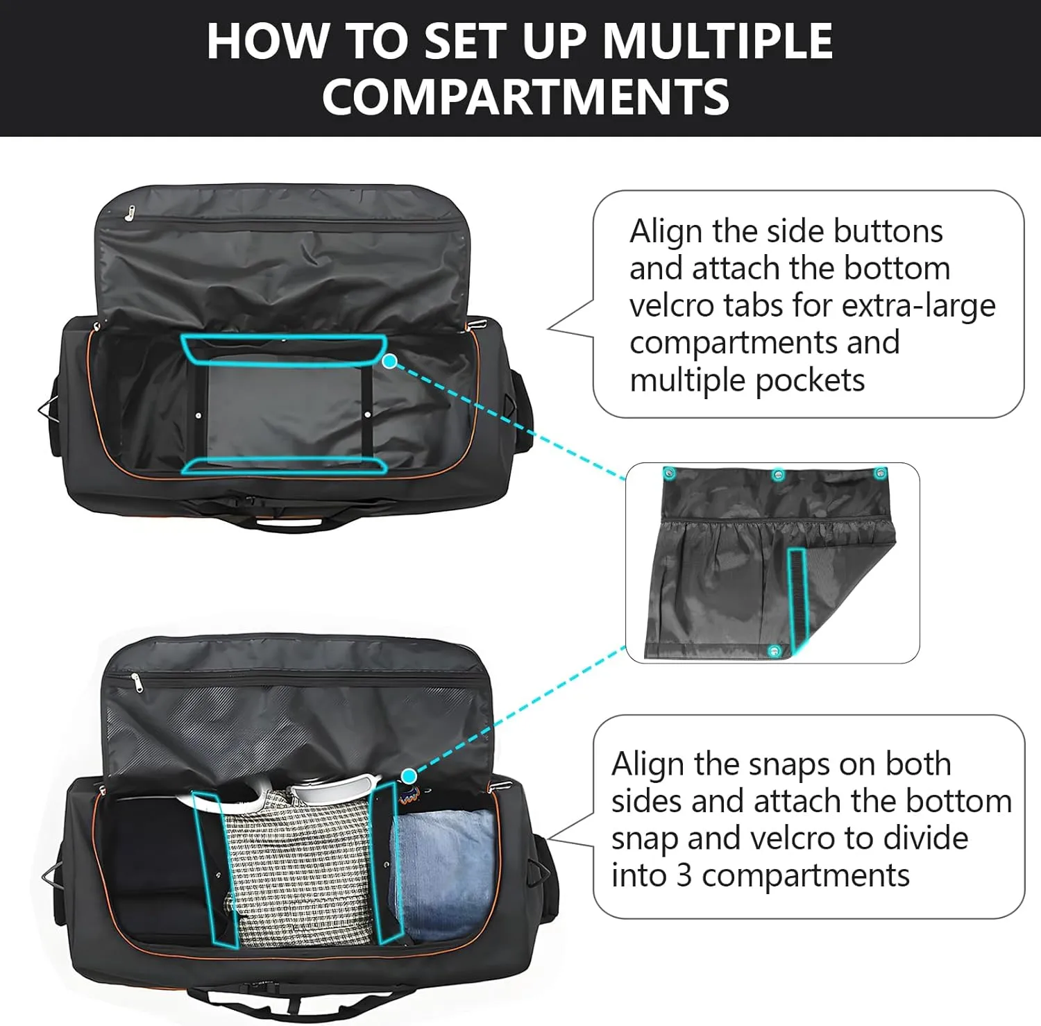 110L/140L Expandable Soft-Sided Foldable Duffle Bag with 2 Rubber Wheels,Packable 32” Rolling Carry-On with Multi-Pockets & Compartments,Black Orange