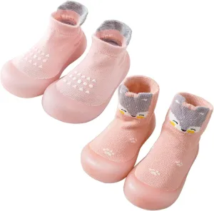 2 Pairs Baby Sock Shoes Boys Girls Non Slip Soft Rubber Sole Sneakers Toddler Infant Slip On Slippers First Walking Shoes