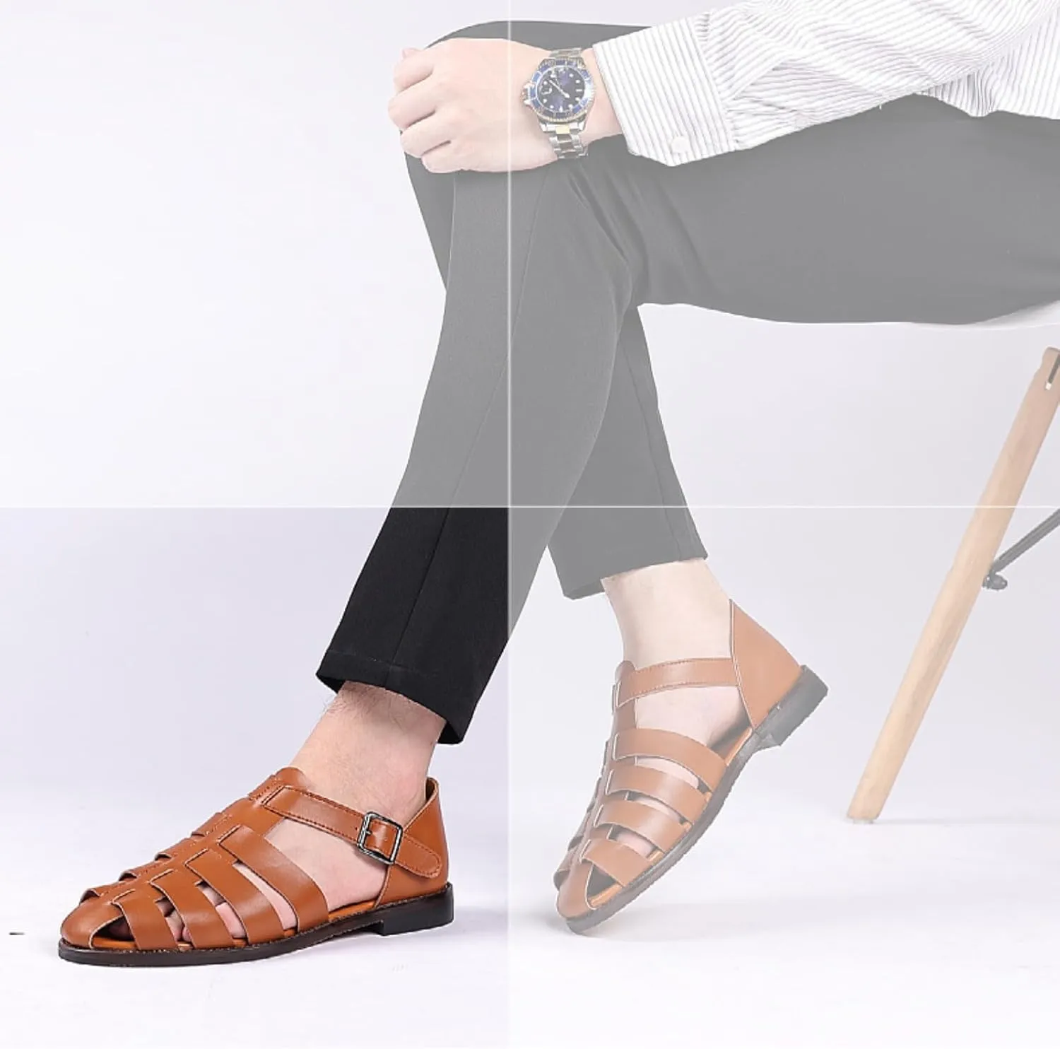 2023 New Men's Summer Hollow Breathable Flat Beach Fisherman Sandals,Non-Slip Woven Sandals With Ankle Straps For Outdoor Travel.