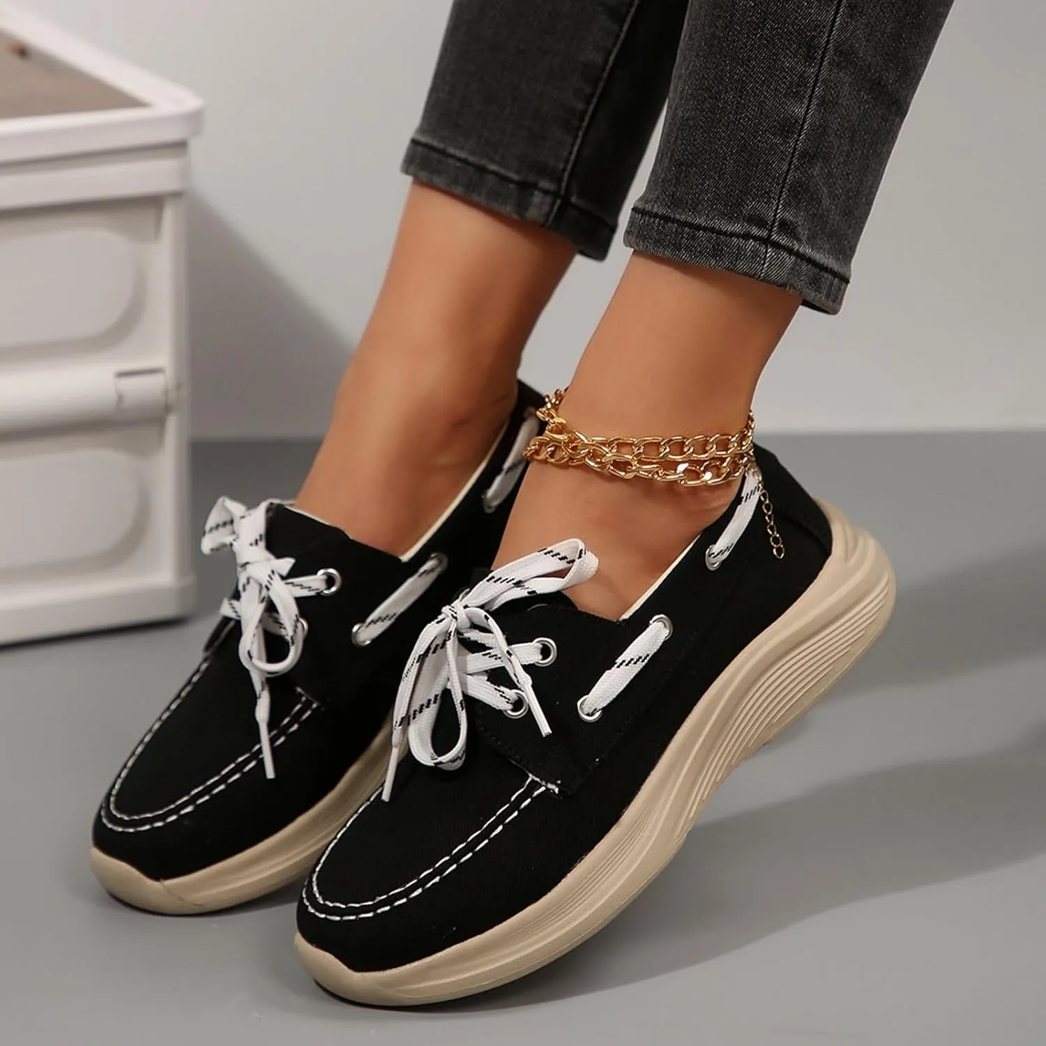 2025 Women's Canvas Slip On Shoes Lace Up Sneakers Slip On Low Top Arch Support Walking Loafers Orthopedic Non Slip Closed Toe Running Casual Boat Shoes Soft Tennis Shoe for Daily Wear