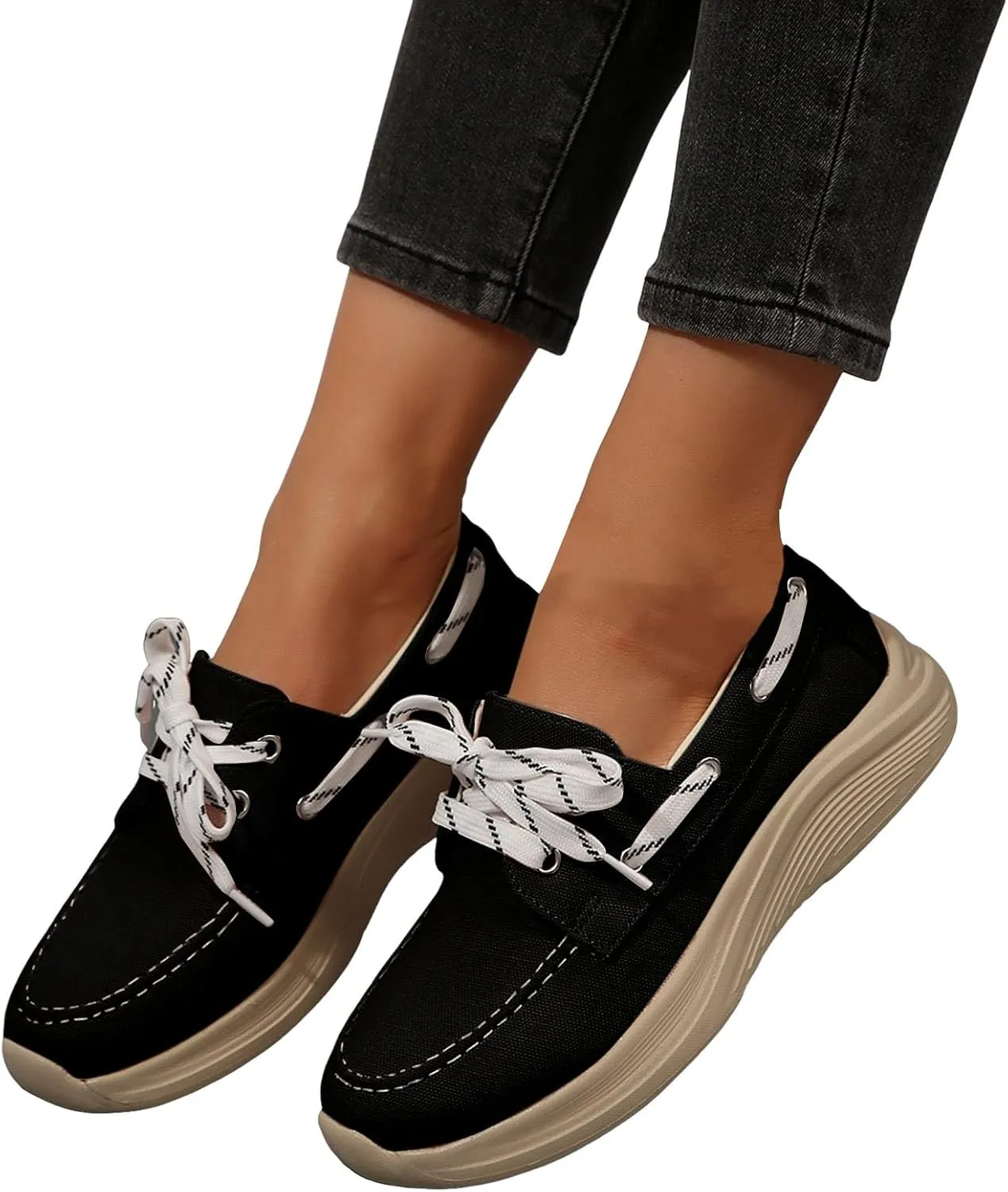 2025 Women's Canvas Slip On Shoes Lace Up Sneakers Slip On Low Top Arch Support Walking Loafers Orthopedic Non Slip Closed Toe Running Casual Boat Shoes Soft Tennis Shoe for Daily Wear