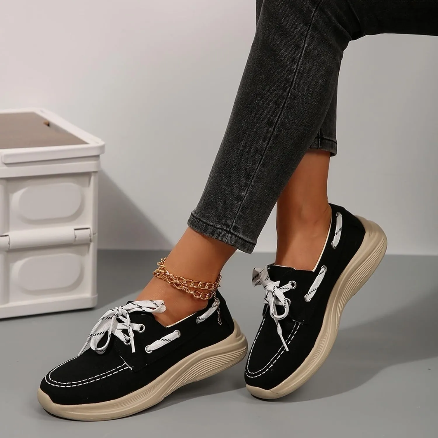 2025 Women's Canvas Slip On Shoes Lace Up Sneakers Slip On Low Top Arch Support Walking Loafers Orthopedic Non Slip Closed Toe Running Casual Boat Shoes Soft Tennis Shoe for Daily Wear
