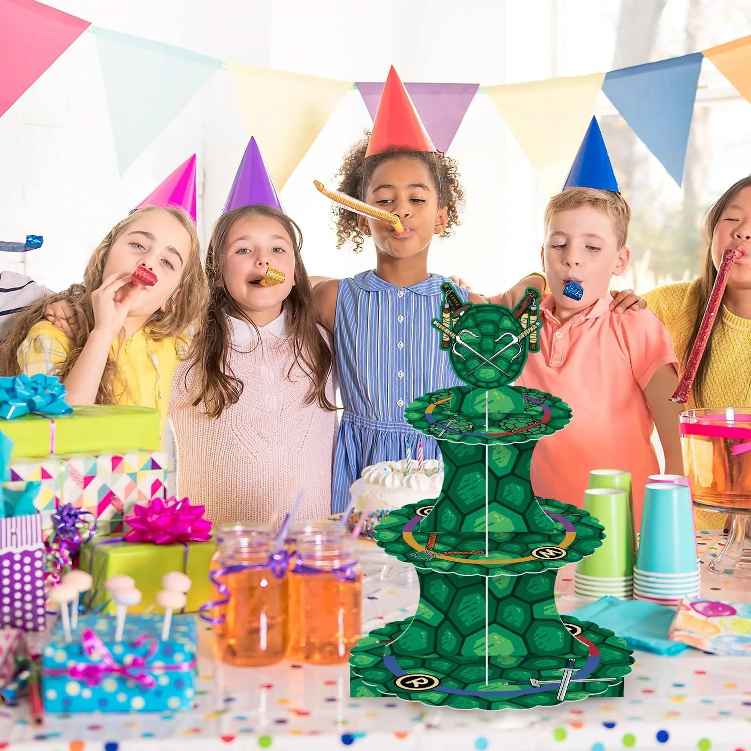 3 Tier Turtle Theme Cupcake Stand Carboard Cake Holder Dessert Display Stand Tower for Kids Boys Birthday Party/Party Favors/Party Supplies/Party Decorations