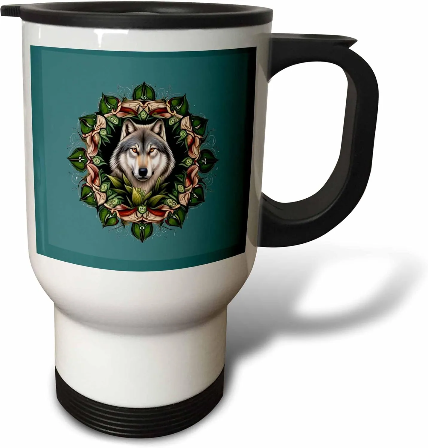 3dRose 14oz Stainless Steel Travel Mug - A Timber Wolf Surrounded By Ladys Slipper Minnesota State Tattoo Art Vector Art - Minnesota Mammal Flower