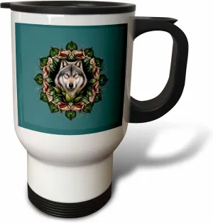 3dRose 14oz Stainless Steel Travel Mug - A Timber Wolf Surrounded By Ladys Slipper Minnesota State Tattoo Art Vector Art - Minnesota Mammal Flower