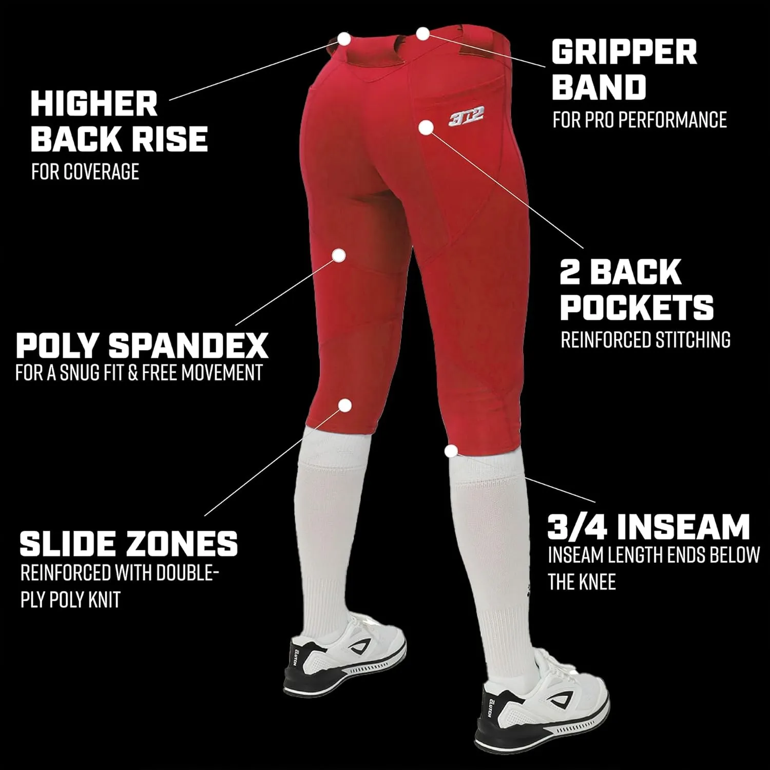 3N2 Girl's NuFit Pro 3/4 Softball Knickers, Fastpitch Softball Pants with Reinforced Knees & Slide Zones