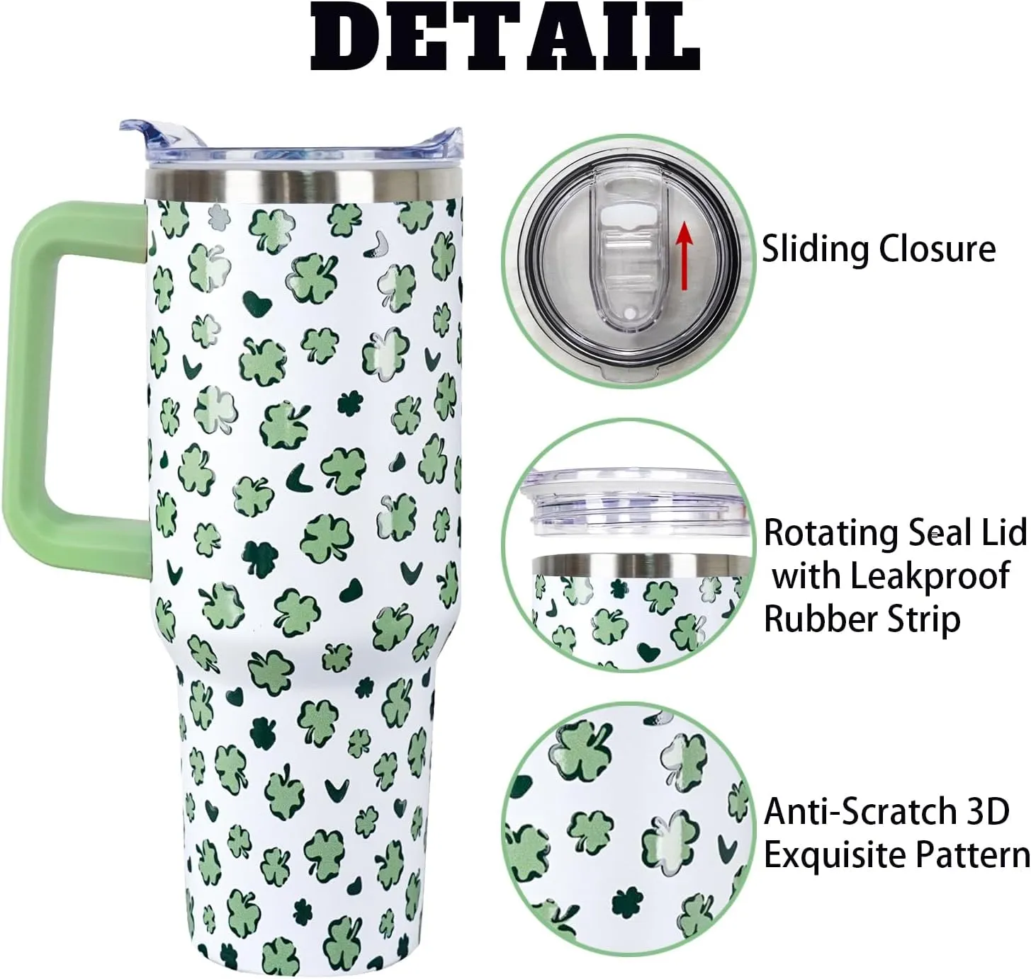 40 Oz St Patricks Day Tumbler 3d-Printed Green Irish Shamrocks Tumbler Clover Gifts for Women Men Insulated Travel Cup with Handle Lid and Straw