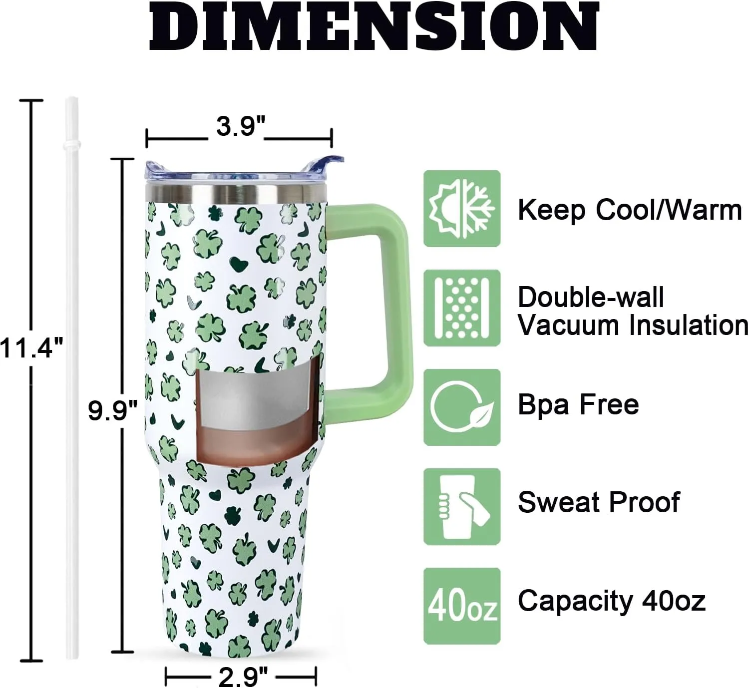 40 Oz St Patricks Day Tumbler 3d-Printed Green Irish Shamrocks Tumbler Clover Gifts for Women Men Insulated Travel Cup with Handle Lid and Straw