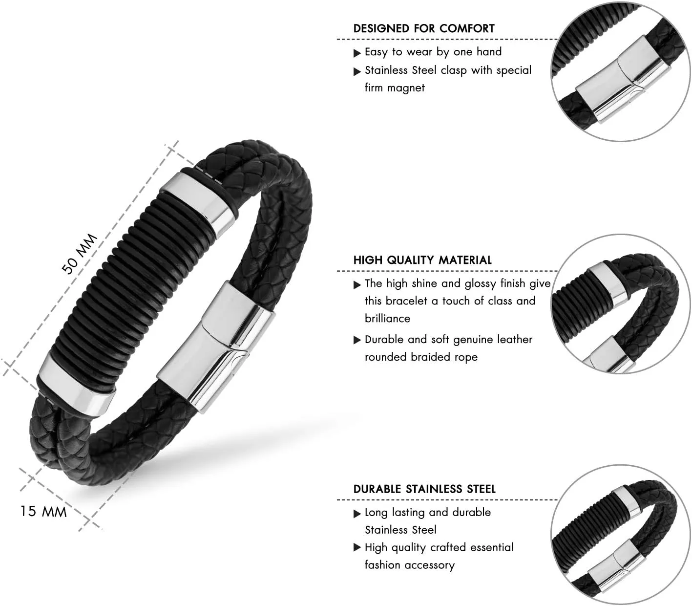 555Jewelry Stainless Steel Double Braided Leather Magnet Slide Lock Bracelet