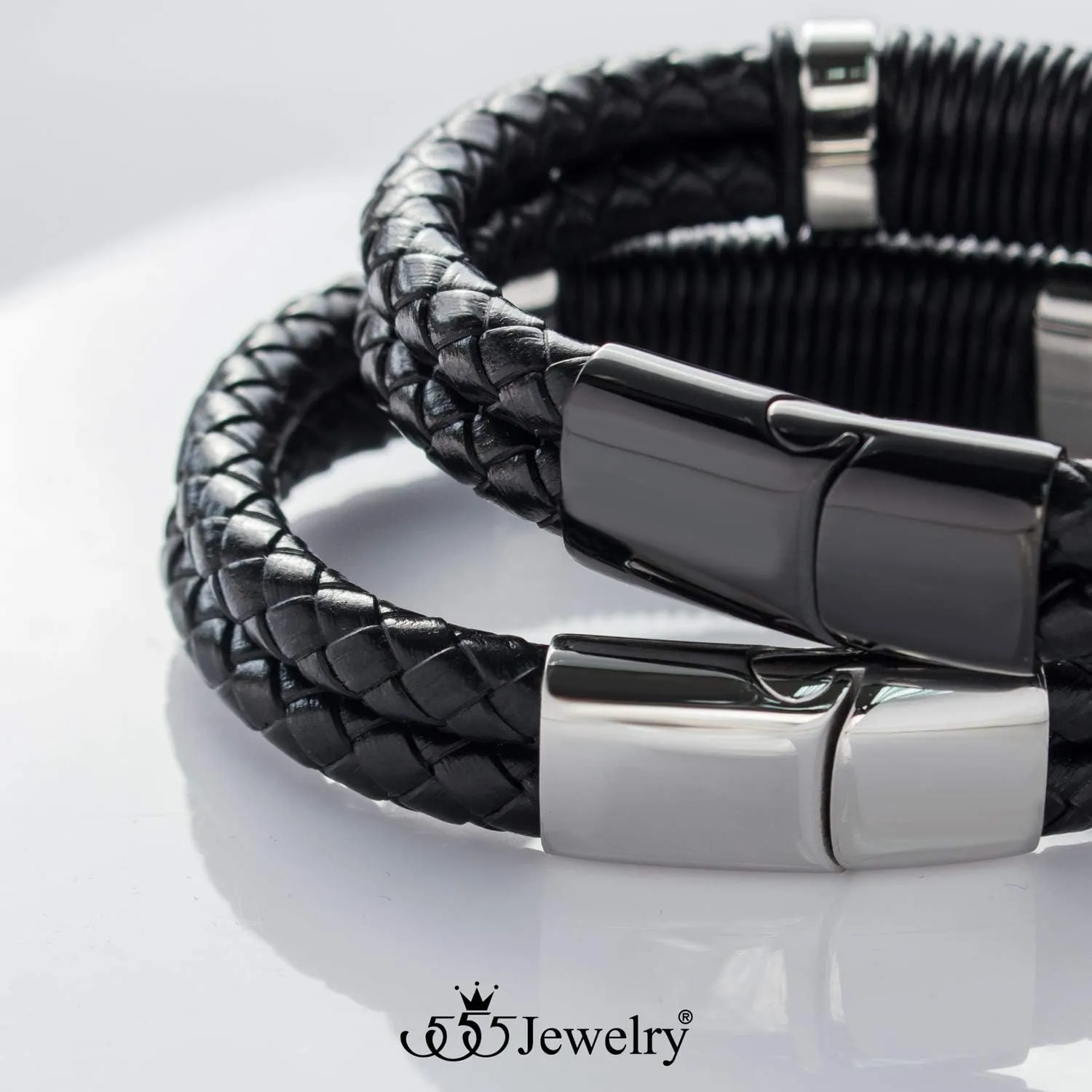 555Jewelry Stainless Steel Double Braided Leather Magnet Slide Lock Bracelet
