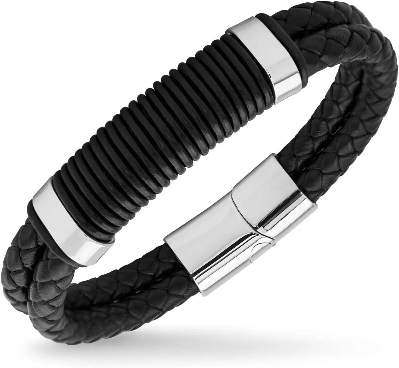 555Jewelry Stainless Steel Double Braided Leather Magnet Slide Lock Bracelet