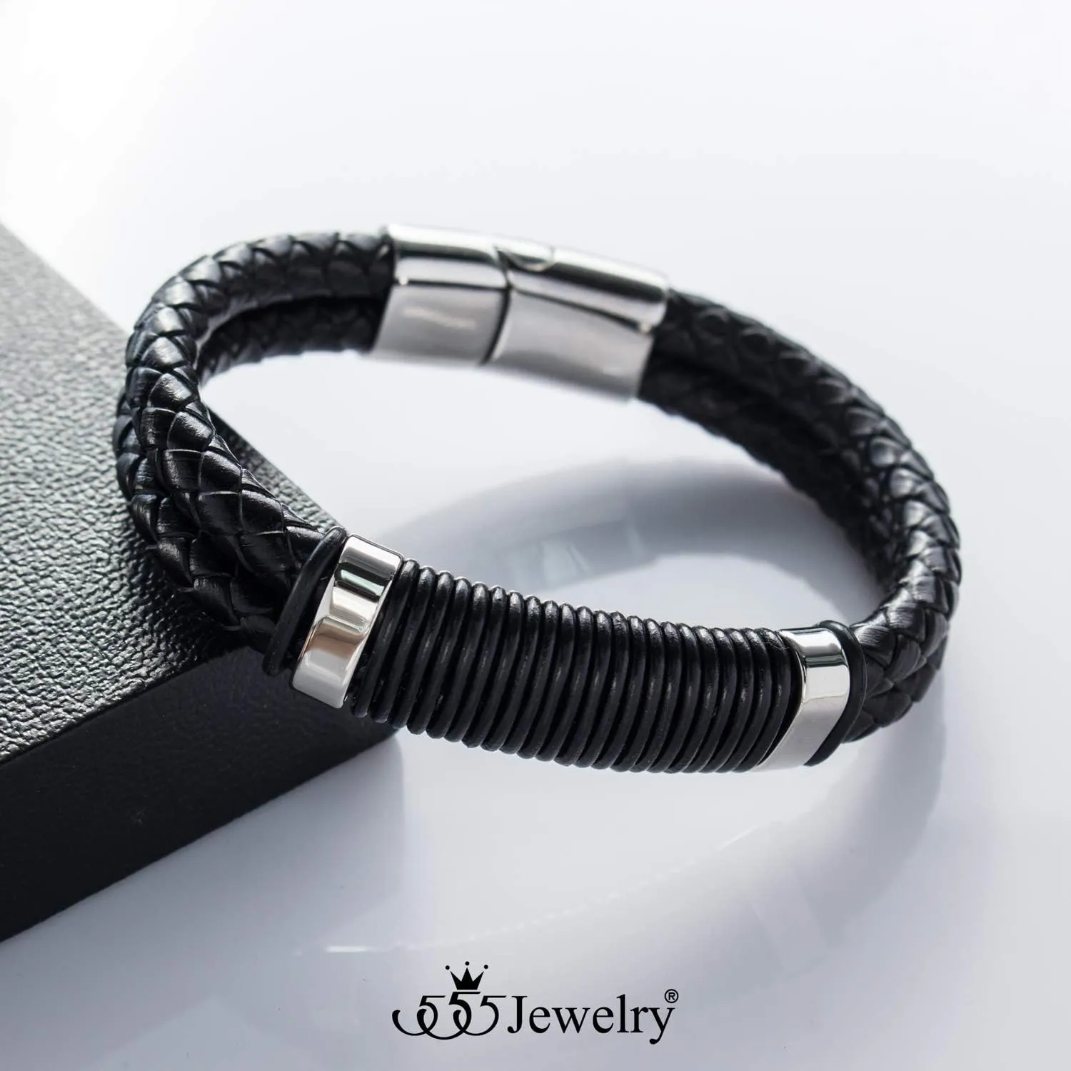 555Jewelry Stainless Steel Double Braided Leather Magnet Slide Lock Bracelet