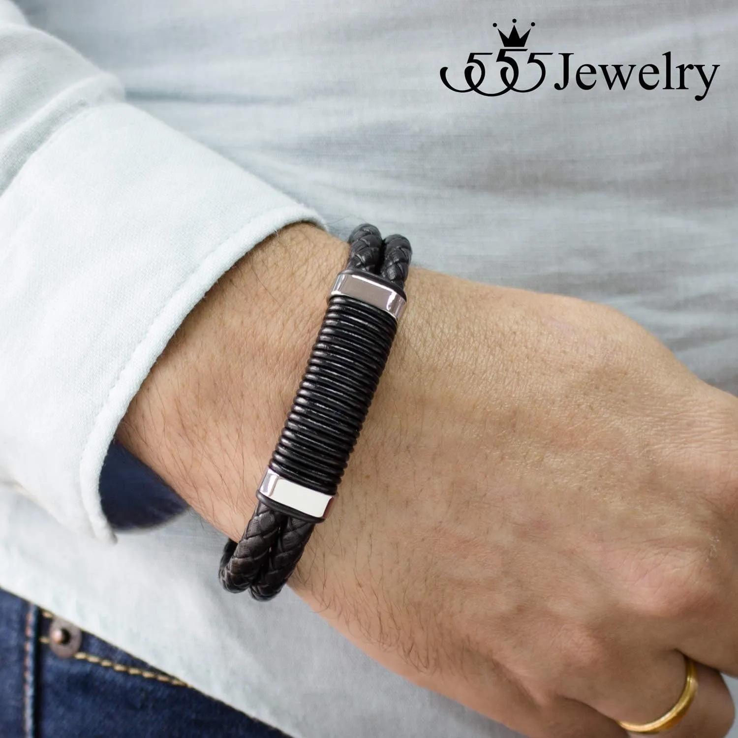 555Jewelry Stainless Steel Double Braided Leather Magnet Slide Lock Bracelet