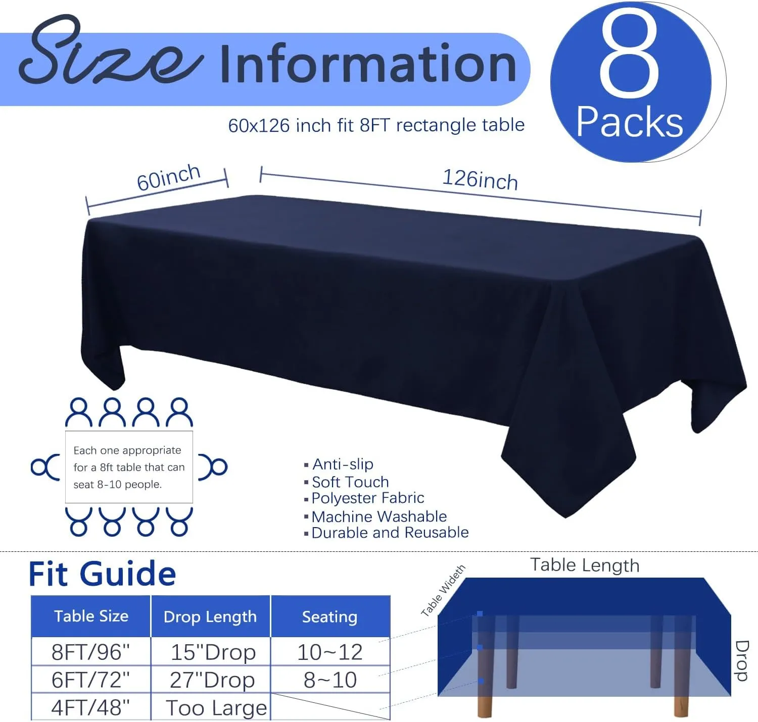 8 Pack Navy Blue Tablecloth 60 x 126 Inch Polyester Table Cloth for 8 Foot Rectangle Tables, Wrinkle Resistant Washable Decorative Fabric Table Covers for Wedding Party Banquet Buffet and Camping