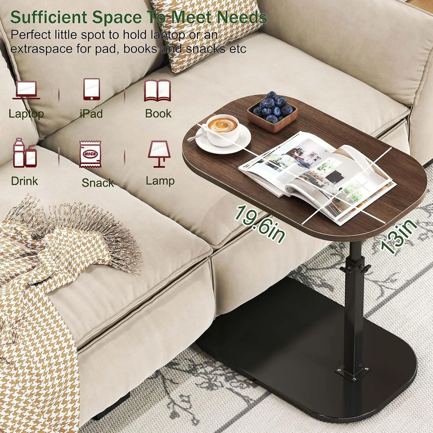 Adjustable Height C Shaped End Table,19.6 Inch Desk Top-360° Swivel Tray Tables,0-90° Tiltable Laptop Table,with Detachable Baffle Couch Side Table,Bed Side Table,TV Dinner Table,Walnut ﻿