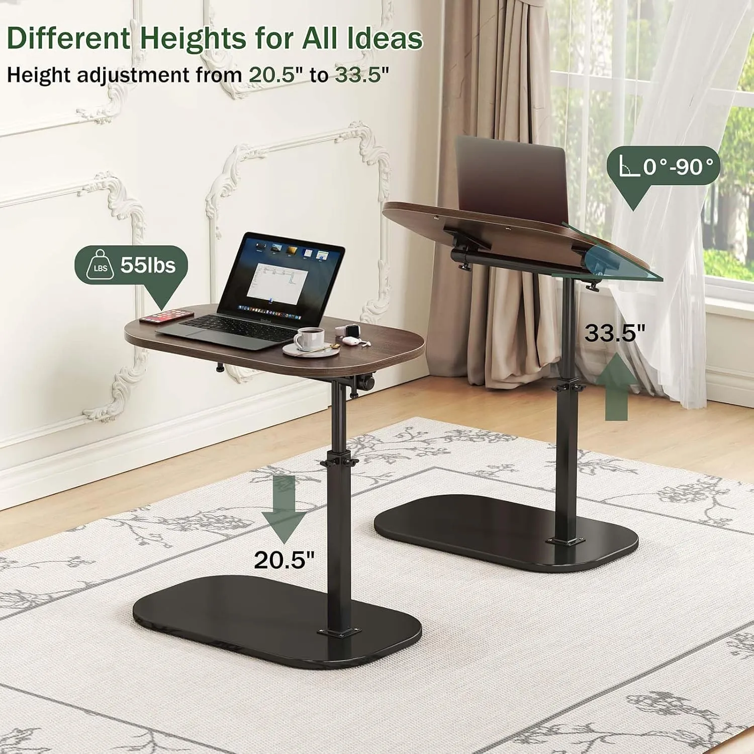 Adjustable Height C Shaped End Table,19.6 Inch Desk Top-360° Swivel Tray Tables,0-90° Tiltable Laptop Table,with Detachable Baffle Couch Side Table,Bed Side Table,TV Dinner Table,Walnut ﻿