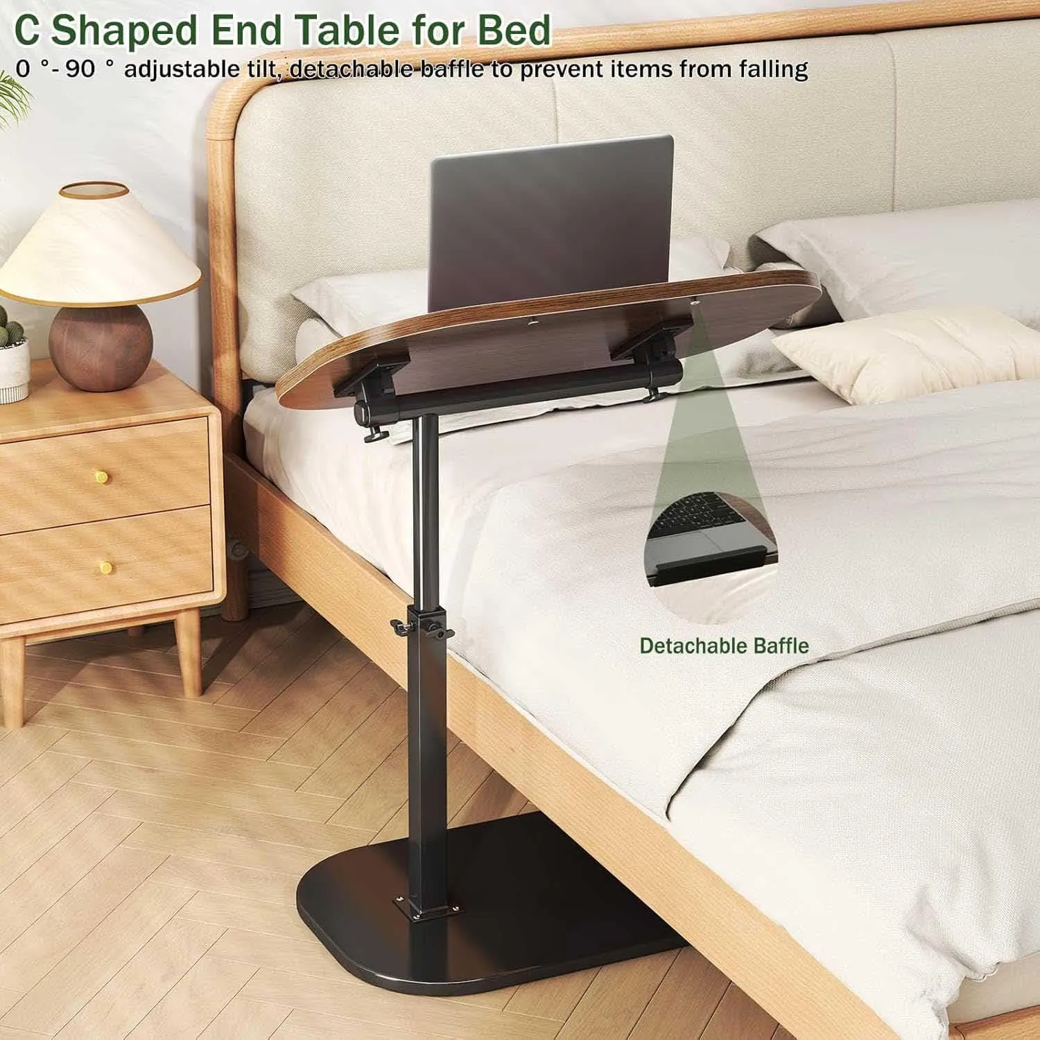 Adjustable Height C Shaped End Table,19.6 Inch Desk Top-360° Swivel Tray Tables,0-90° Tiltable Laptop Table,with Detachable Baffle Couch Side Table,Bed Side Table,TV Dinner Table,Walnut ﻿