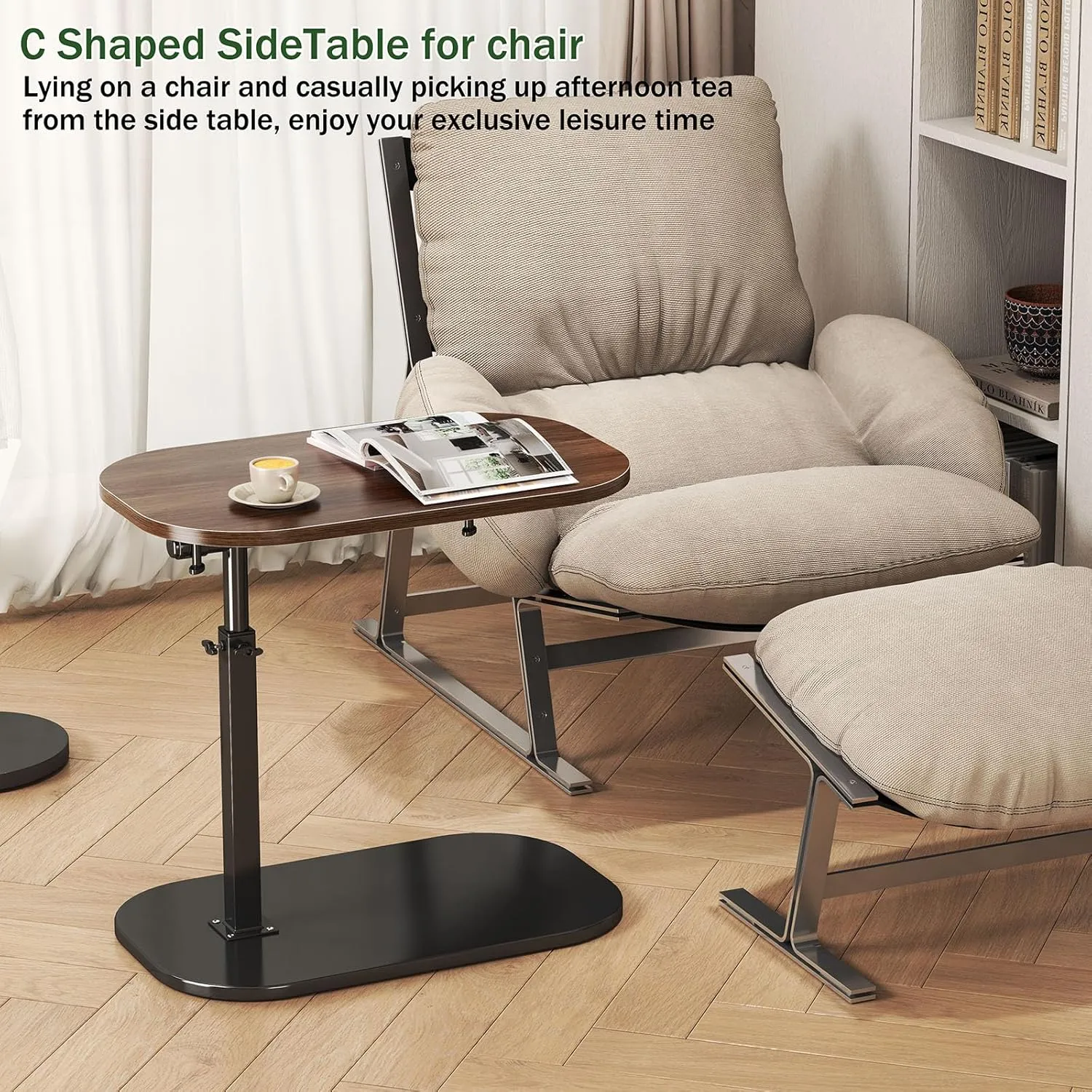 Adjustable Height C Shaped End Table,19.6 Inch Desk Top-360° Swivel Tray Tables,0-90° Tiltable Laptop Table,with Detachable Baffle Couch Side Table,Bed Side Table,TV Dinner Table,Walnut ﻿