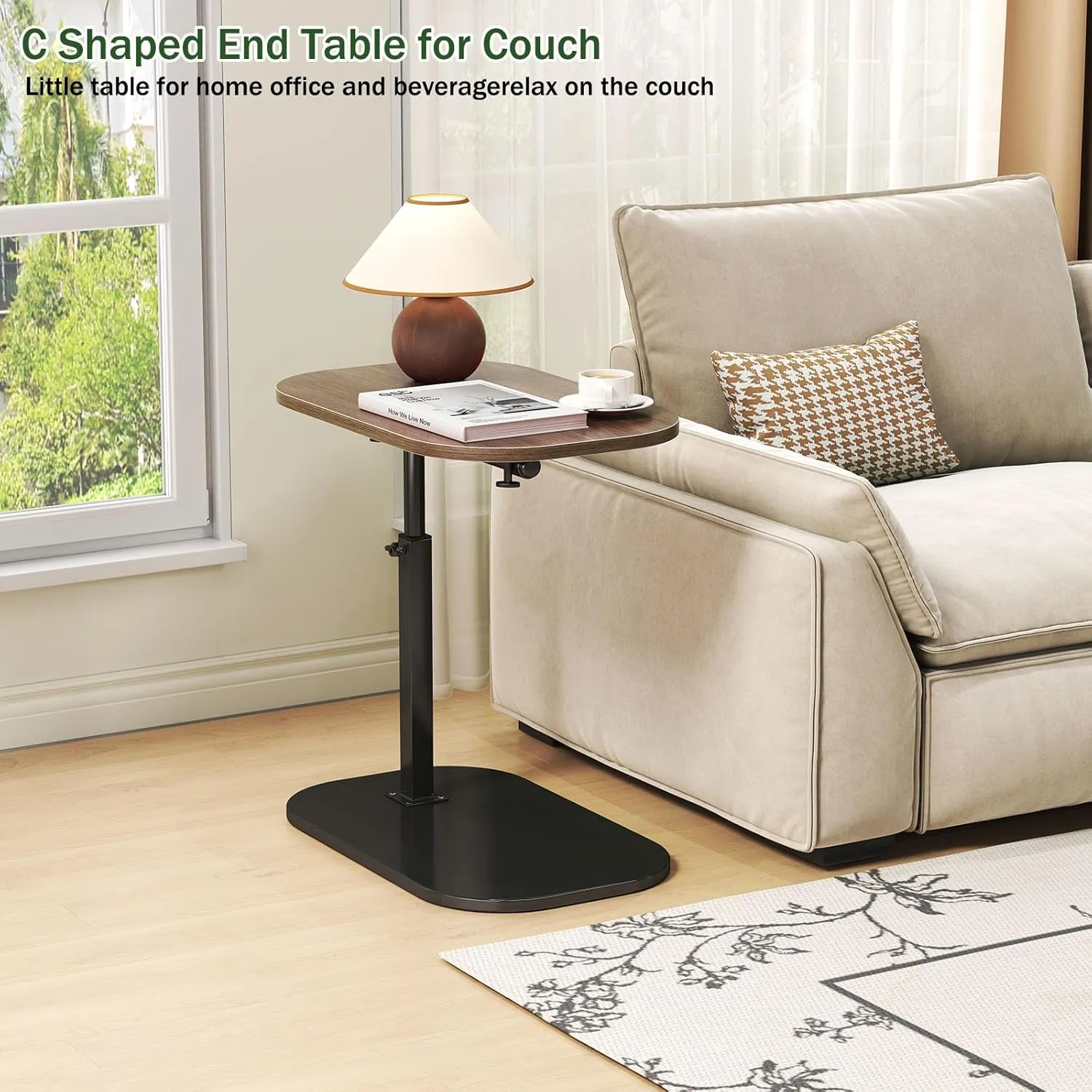 Adjustable Height C Shaped End Table,19.6 Inch Desk Top-360° Swivel Tray Tables,0-90° Tiltable Laptop Table,with Detachable Baffle Couch Side Table,Bed Side Table,TV Dinner Table,Walnut ﻿