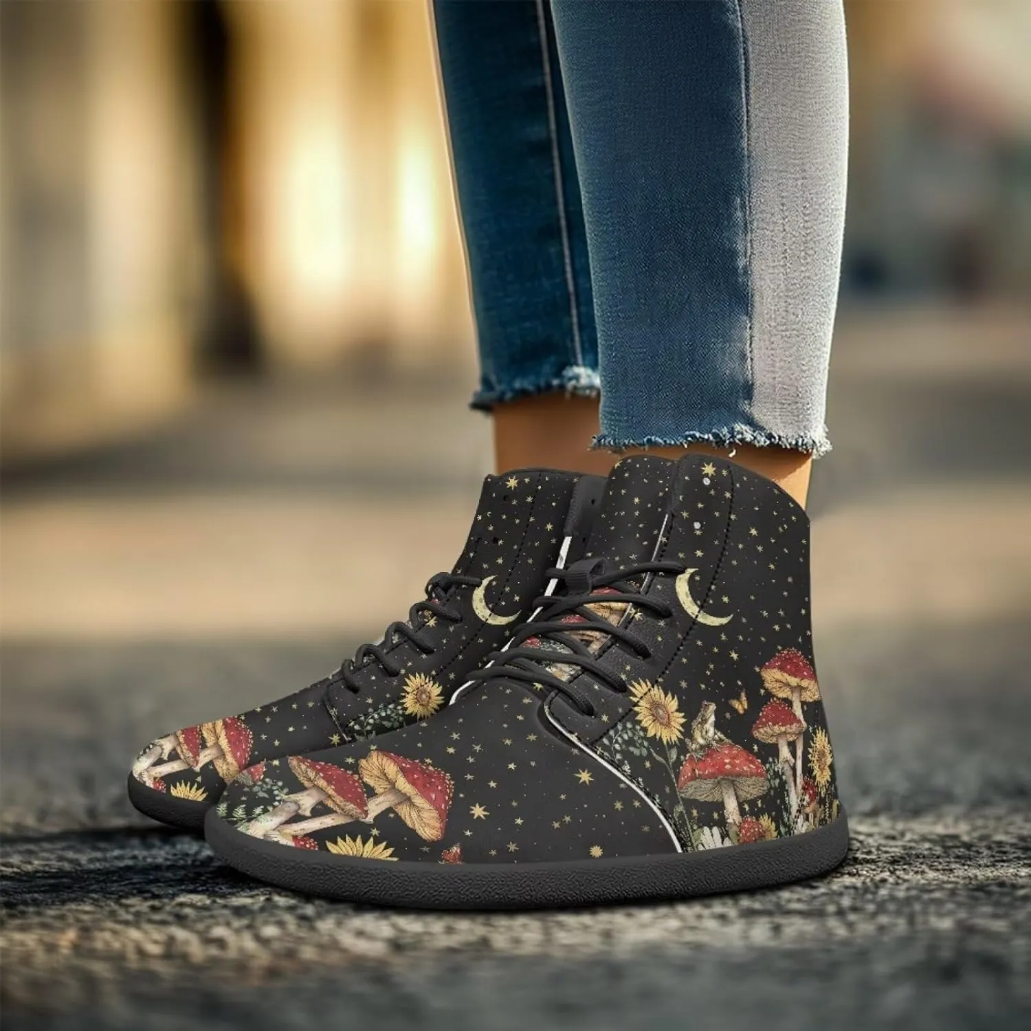 Aesthetic Plant Women's High Top Sneakers Unisex Wide Toe Barefoot Sneakers PU Leathe Waterproof Lace Up Shoes