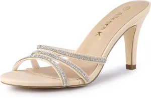 Allegra K Women's Open Toe Rhinestone Strappy Stiletto Heels Sandals Slip On Slip On Mules