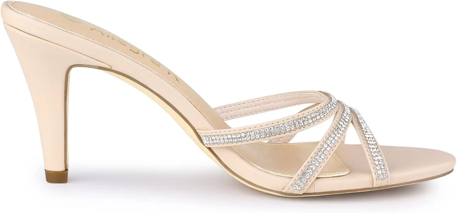 Allegra K Women's Open Toe Rhinestone Strappy Stiletto Heels Sandals Slip On Slip On Mules
