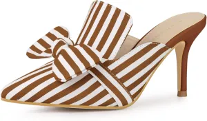 Allegra K Women's Stripe Bow Slip on Stiletto Heel Slides Mules
