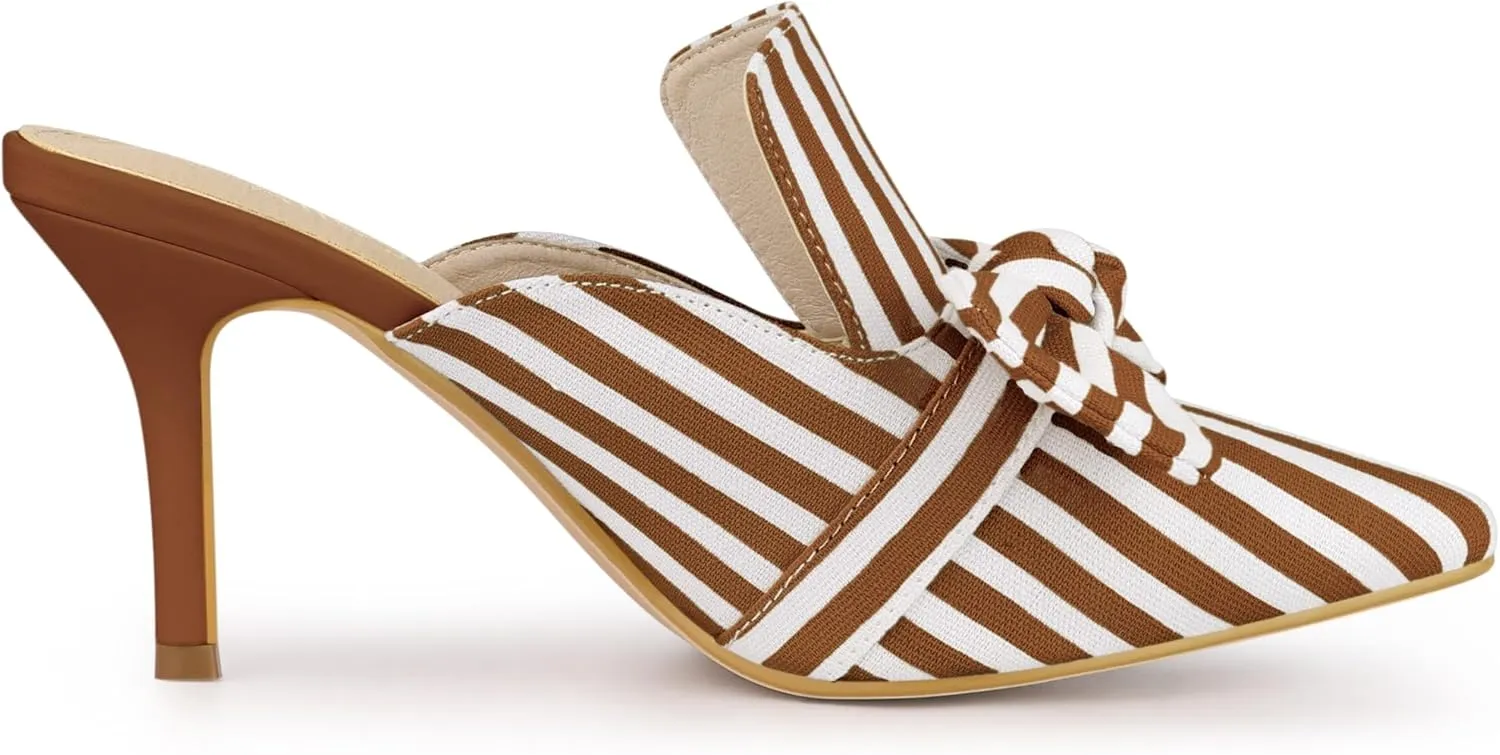 Allegra K Women's Stripe Bow Slip on Stiletto Heel Slides Mules