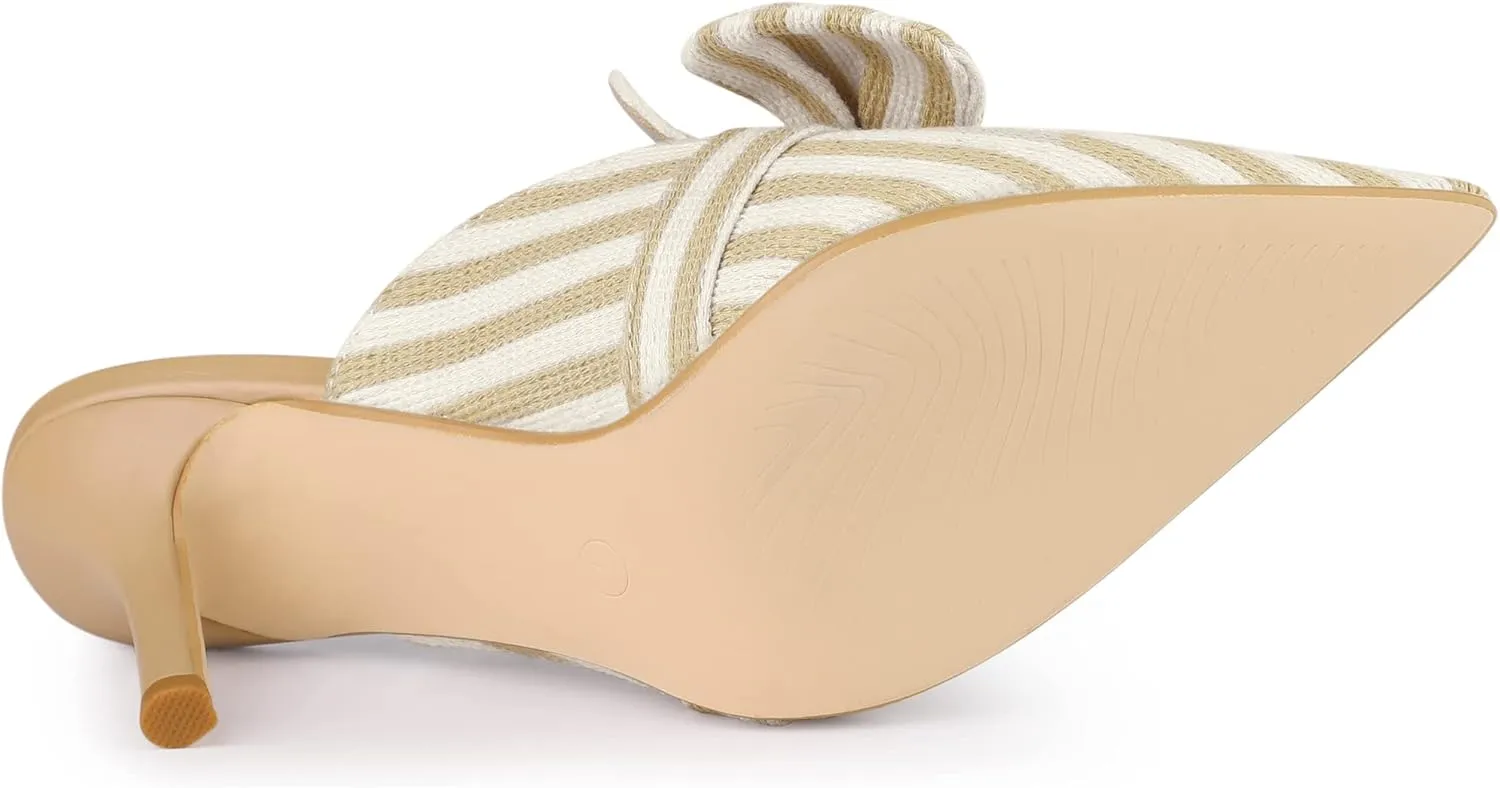 Allegra K Women's Stripe Bow Slip on Stiletto Heel Slides Mules