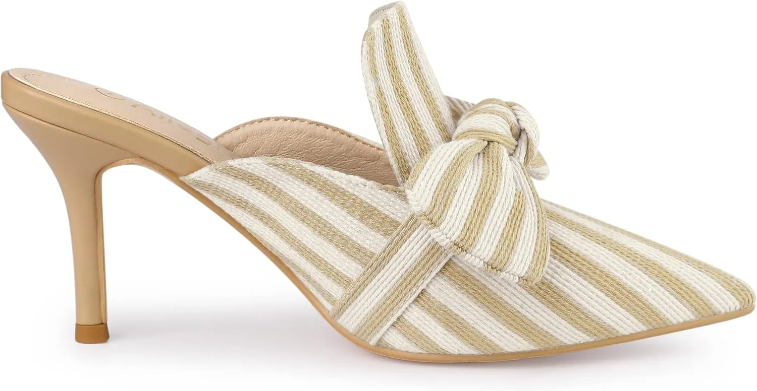 Allegra K Women's Stripe Bow Slip on Stiletto Heel Slides Mules