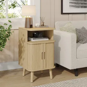 Alohappy Mid Century Modern End Table, Fluted Wood Nightstand with Sliding Tambour Door, Curved Round Edge Side Table with Storage Cabinet for Bedroom, Living Room, Natural Oak