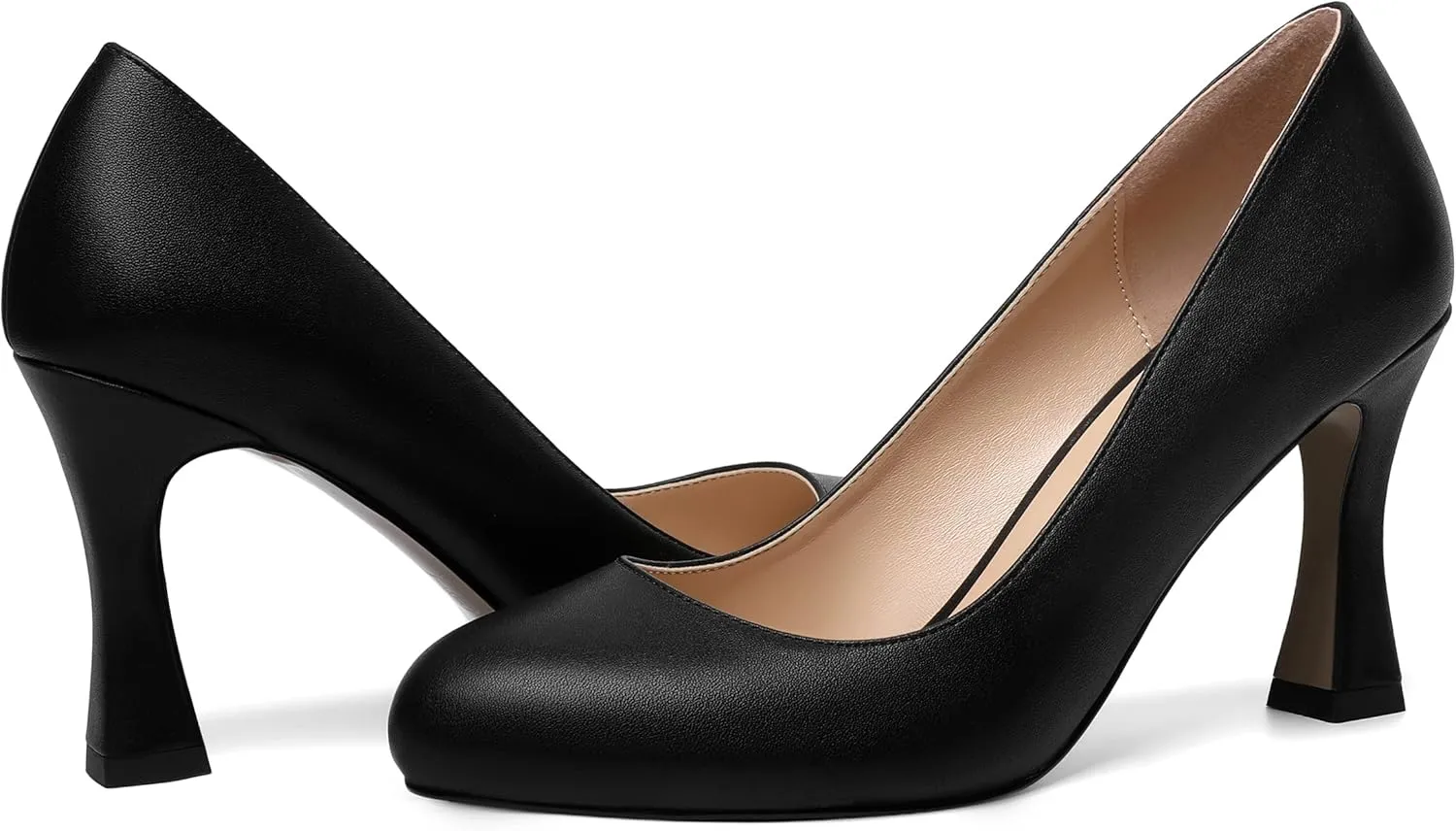 AMBELIGHT Womens Matte Solid Slip On Casual Evening Fashion Round Toe Chunky High Heel Pumps Shoes 3.3 Inch
