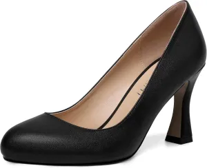AMBELIGHT Womens Matte Solid Slip On Casual Evening Fashion Round Toe Chunky High Heel Pumps Shoes 3.3 Inch