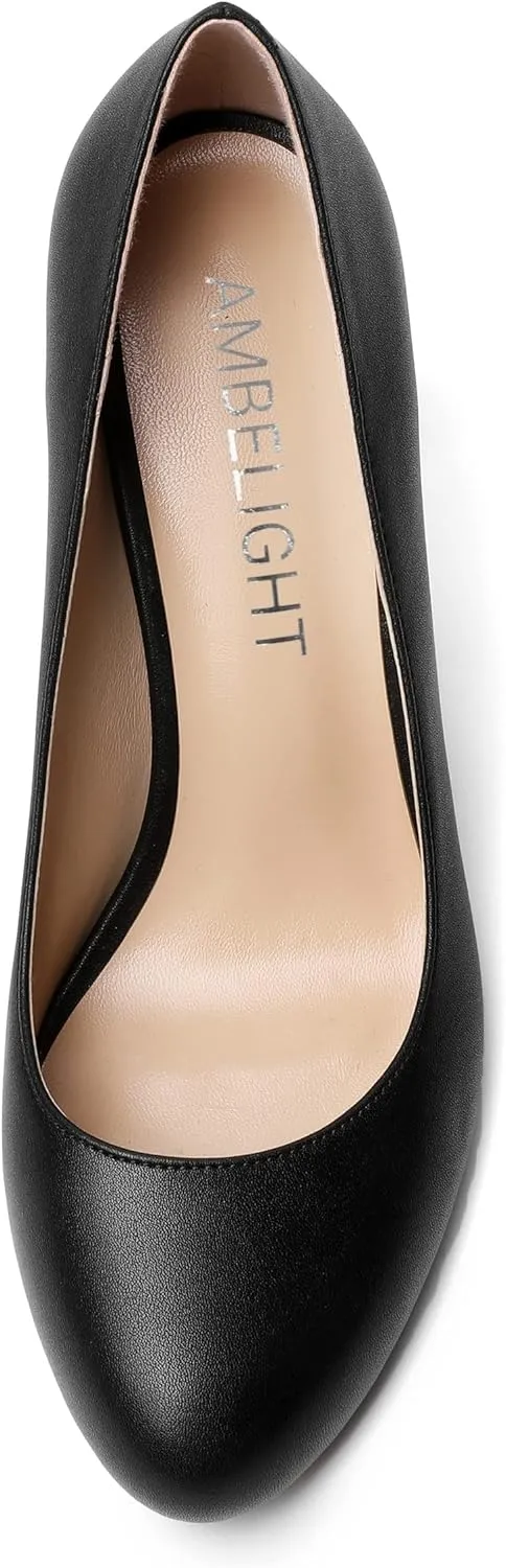 AMBELIGHT Womens Matte Solid Slip On Casual Evening Fashion Round Toe Chunky High Heel Pumps Shoes 3.3 Inch