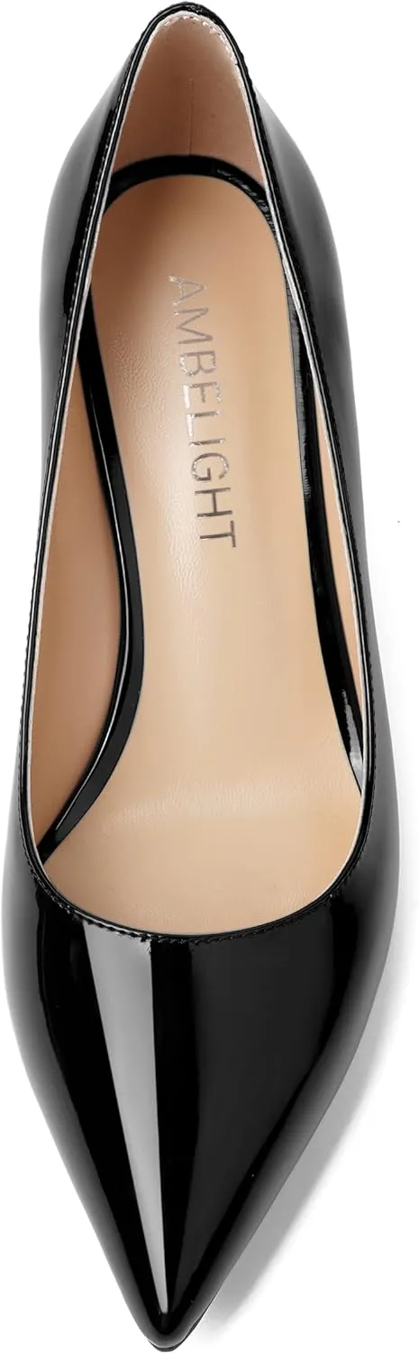 AMBELIGHT Womens Solid Office Dress Slip On Patent Pointed Toe Stiletto Mid Heel Pumps Shoes 2.5 Inch