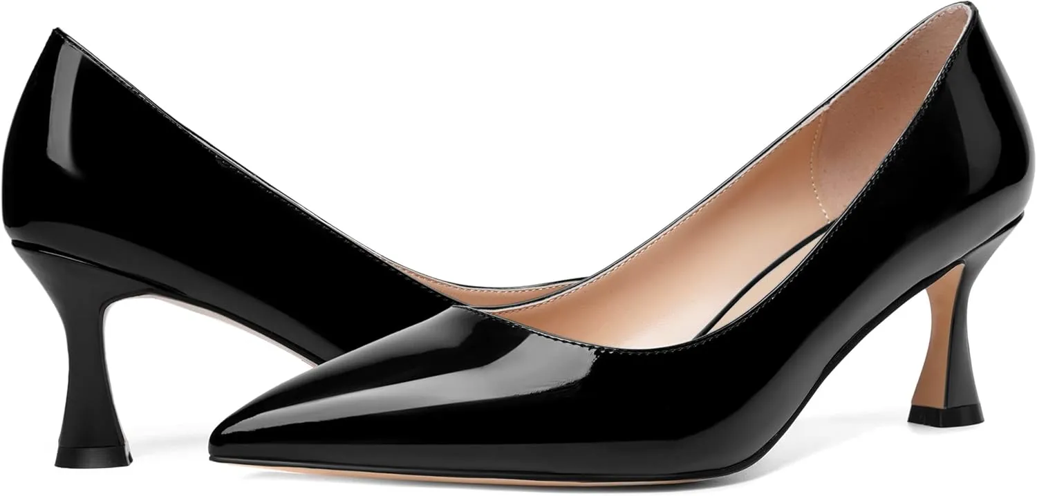 AMBELIGHT Womens Solid Office Dress Slip On Patent Pointed Toe Stiletto Mid Heel Pumps Shoes 2.5 Inch