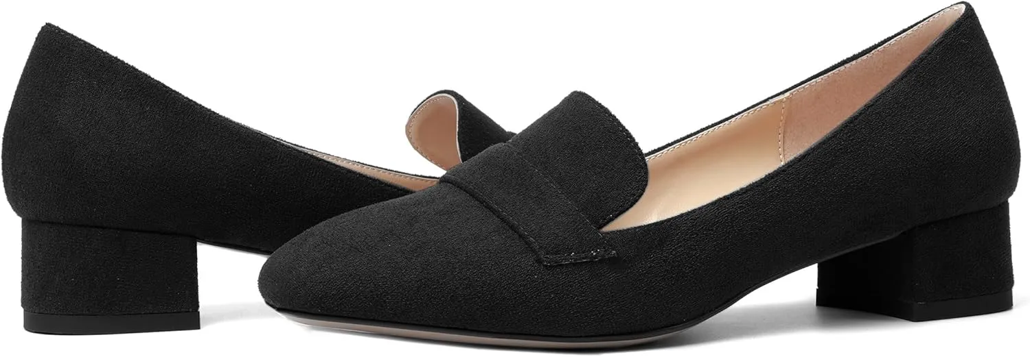 AMBELIGHT Womens Square Toe Casual Office Slip On Soild Block Low Heel Pumps Shoes 1.5 Inch