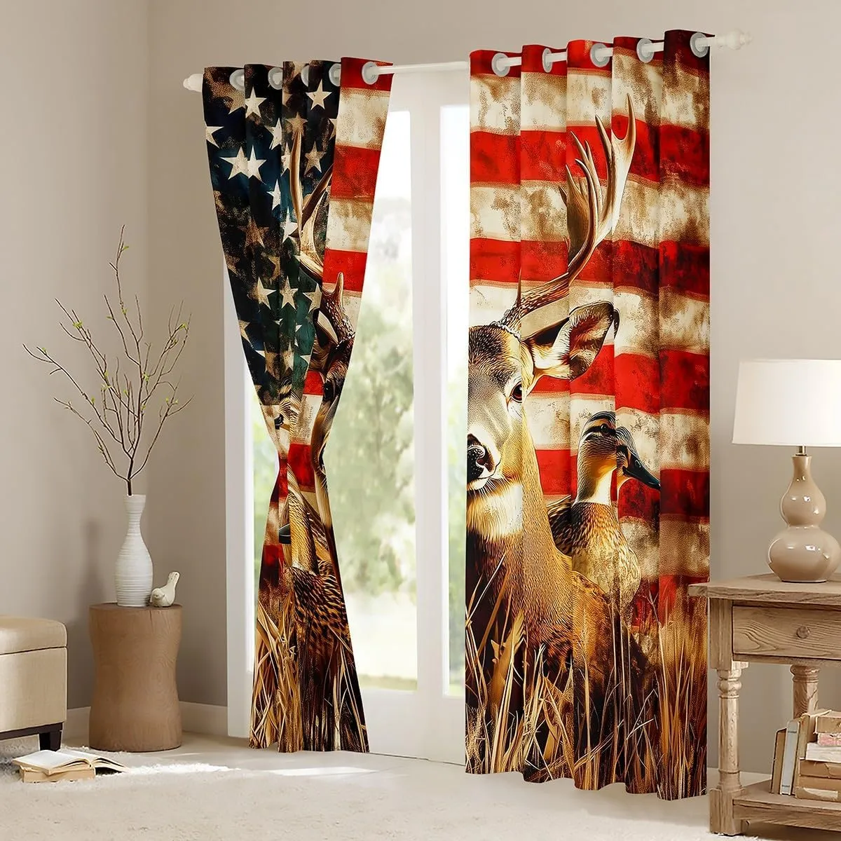 American Flag 38"Wx45"L 2 Panels Curtain,Deer Hunting Window Curtain for Boys Teens Kids Rustic Duck Country Cabin Jungle Window Treatments,Farmhouse Woodland Camouflage Wildlife Curtains & Drapes