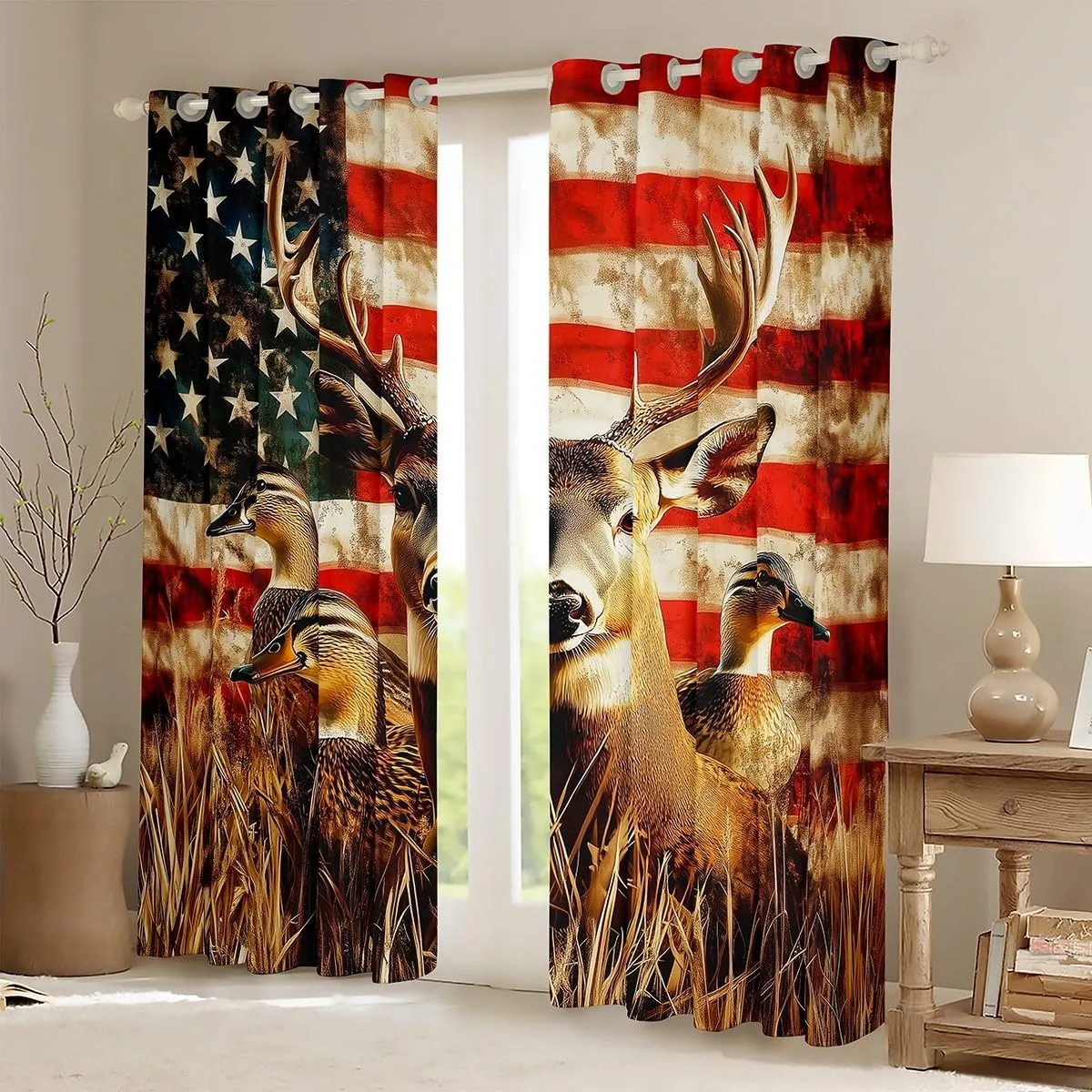 American Flag 38"Wx45"L 2 Panels Curtain,Deer Hunting Window Curtain for Boys Teens Kids Rustic Duck Country Cabin Jungle Window Treatments,Farmhouse Woodland Camouflage Wildlife Curtains & Drapes