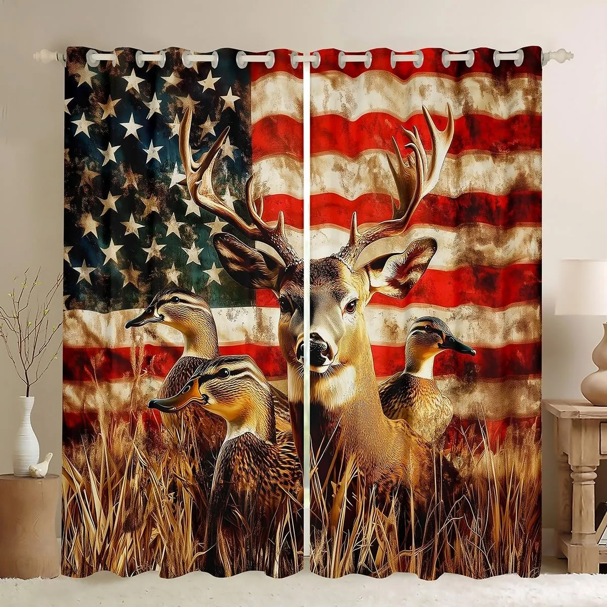 American Flag 38"Wx45"L 2 Panels Curtain,Deer Hunting Window Curtain for Boys Teens Kids Rustic Duck Country Cabin Jungle Window Treatments,Farmhouse Woodland Camouflage Wildlife Curtains & Drapes