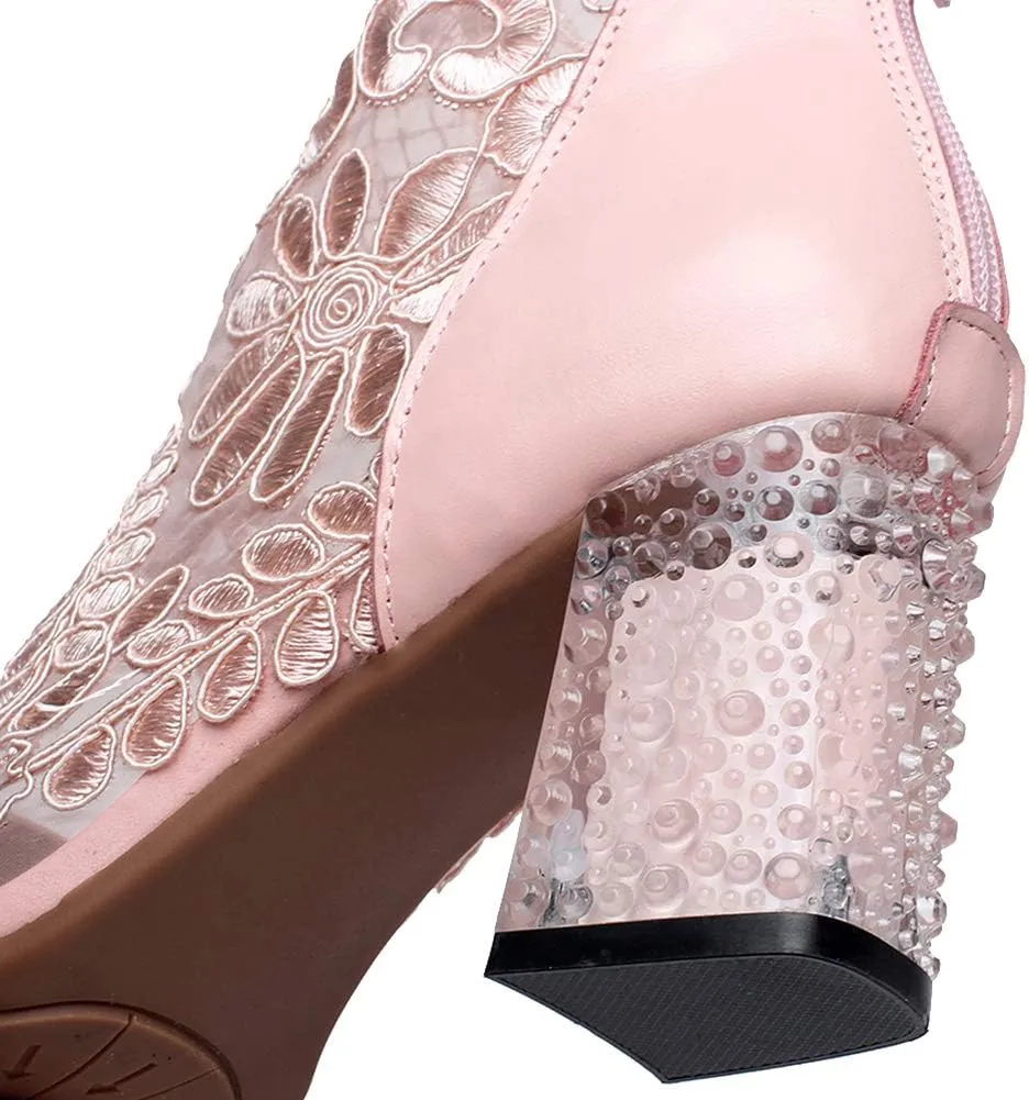 ANUFER Women Breathable Lace Peep Toe/Closed Toe Block Kitten Heel Summer Sandal Booties Dress Pumps Shoes