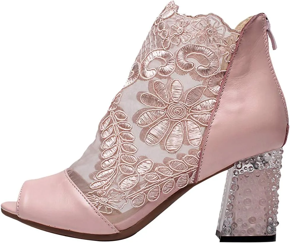 ANUFER Women Breathable Lace Peep Toe/Closed Toe Block Kitten Heel Summer Sandal Booties Dress Pumps Shoes
