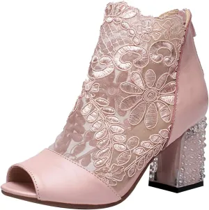ANUFER Women Breathable Lace Peep Toe/Closed Toe Block Kitten Heel Summer Sandal Booties Dress Pumps Shoes