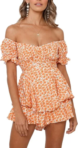 AOHITE Womens Summer Tube Top Dress Off-Shoulder Ruffled Flowy Mini Short Dresses