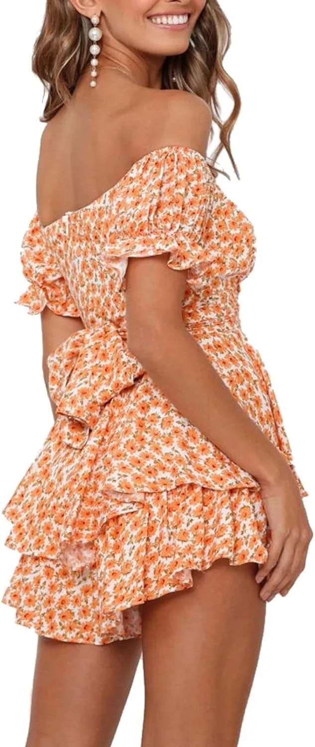 AOHITE Womens Summer Tube Top Dress Off-Shoulder Ruffled Flowy Mini Short Dresses
