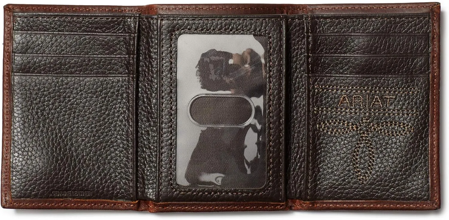 ARIAT Men's Trifold Wallet, Oil Tan Dark Copper Leather, Brand Concho, Multiple Slots
