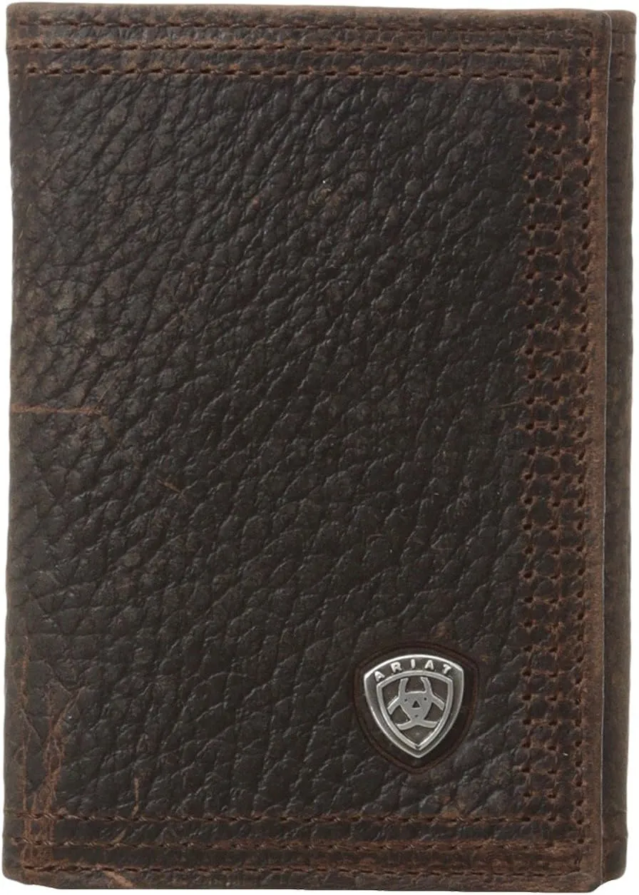 ARIAT Men's Trifold Wallet, Oil Tan Dark Copper Leather, Brand Concho, Multiple Slots