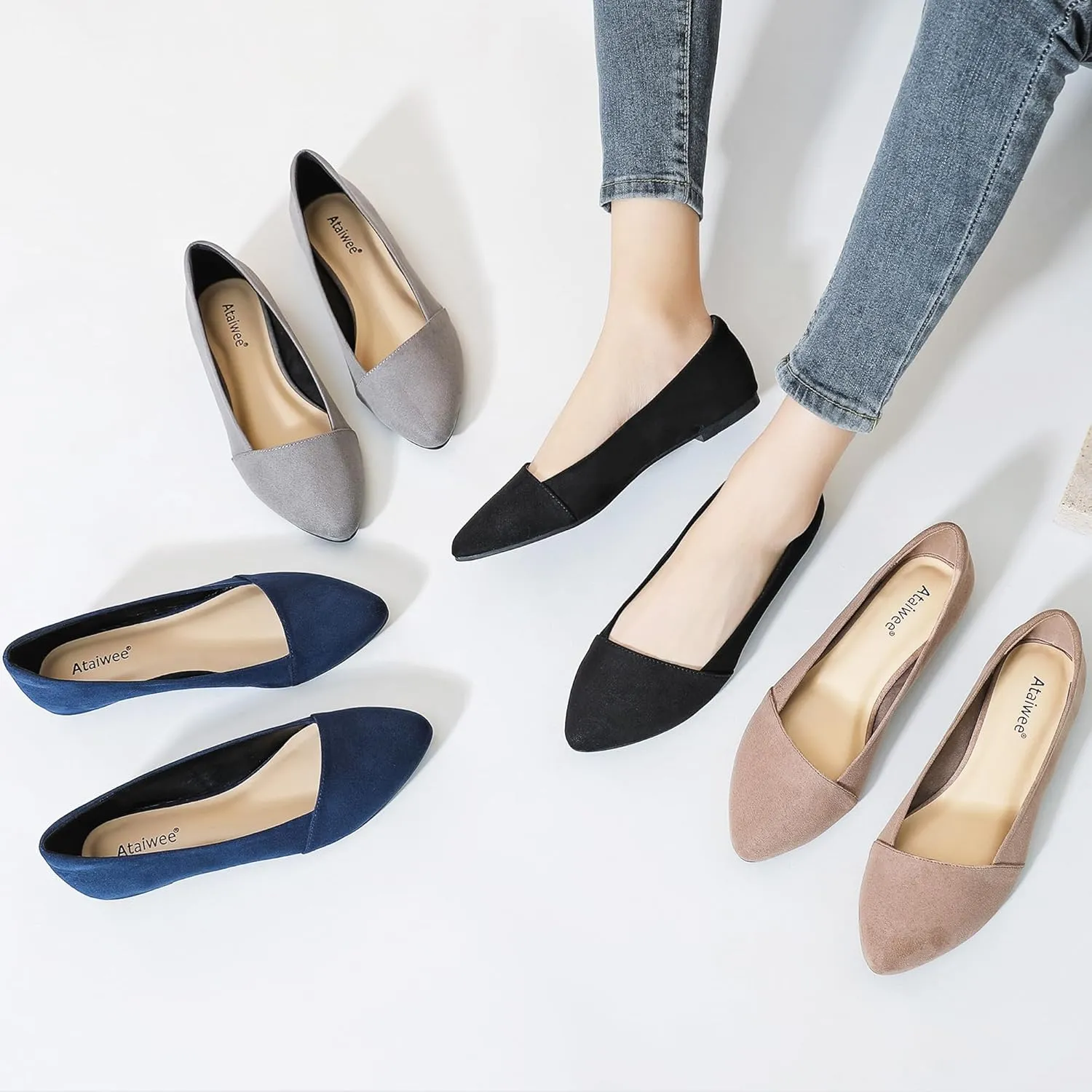 Ataiwee Women's Wide Width Flat Shoes, Classic Dressy Pointed Suede Cozy Slip on Soft Ballet Flats.