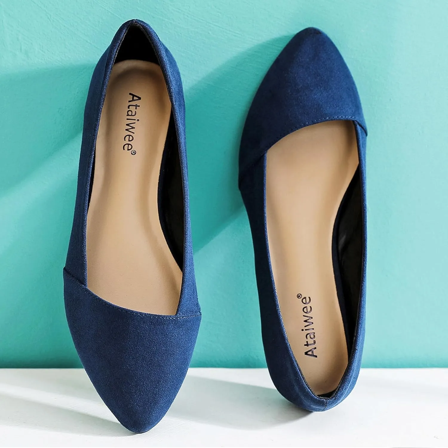 Ataiwee Women's Wide Width Flat Shoes, Classic Dressy Pointed Suede Cozy Slip on Soft Ballet Flats.