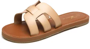 Athlefit Women's Flat Sandals Summer Casual Slip On Leather Slide Sandal